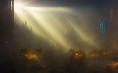 Obraz na płótnie Canvas futuristic city landscape with mist and sunrays