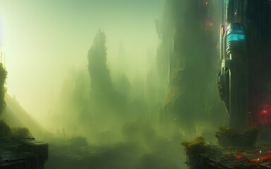 futuristic city landscape with mist and sunrays