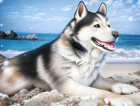 Siberian husky dog. Cute Husky at beach. Beautiful illustration of Husky dog