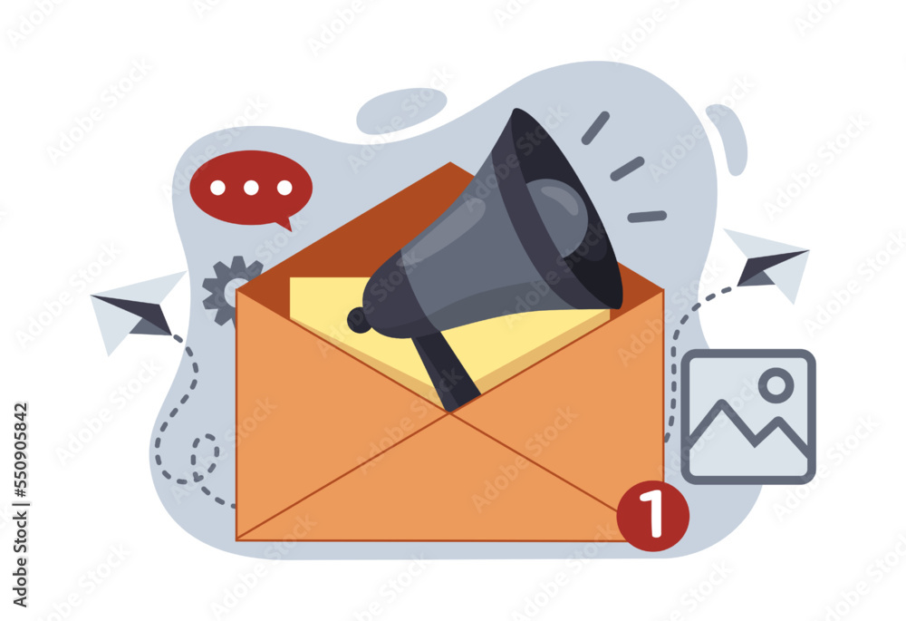 Poster email newsletter. mail send landing. banner list with mail plane. big megaphone or letter envelope. 