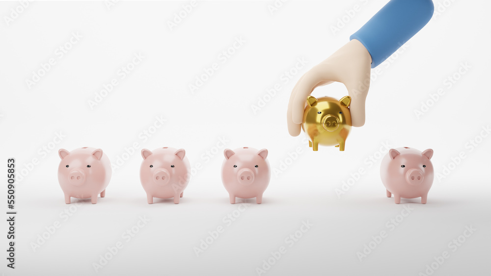 Wall mural 3d rendering. Businessman holding gold piggy bank bank. investment concept.