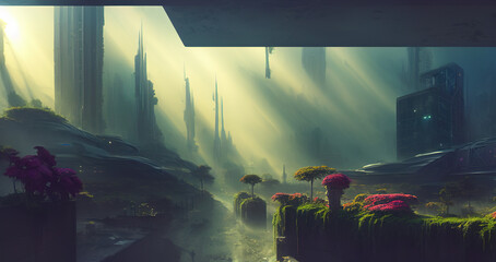 futuristic city landscape with mist and sunrays