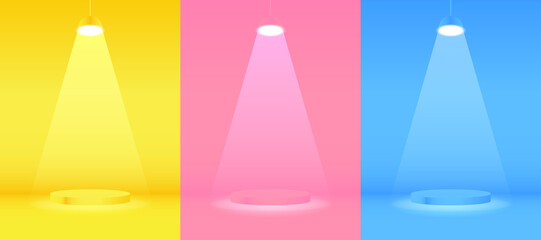 Set of yellow, dark blue, red realistic 3d floating cylinder podium with hanging neon lamps. Stage showcase, Product display. Vector rendering geometric forms. Abstract minimal scene.
