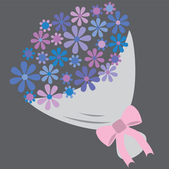 Bouquet of small pink, purple, blue flowers.