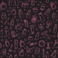 Seamless pattern with cosmetics, perfume, mirror, lipstick, mascara.