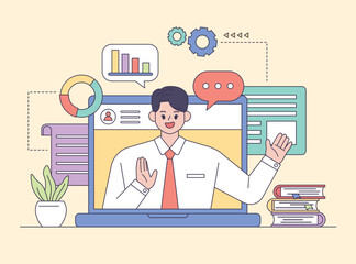 Man character preparing presentation. Meeting online with teleconference, work from home and work from anywhere concept. Outline flat style vector illustration.