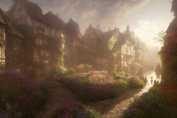 Fototapeta na wymiar beautiful medieval town covered in flowers dreamy landscape