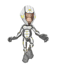 chimpanzee astronaut floating and also hw is looking down