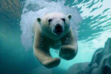 polar bear in water - obrazy, fototapety, plakaty