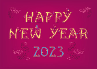 Happy New Year 2023 Artistic Yellow and Blue inscription with folk botanical decor on the Red Background