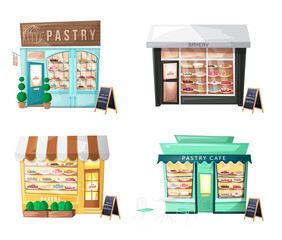 Set of pastry cafe facade. Exterior of bakery shop. Pack of store with sweets in cartoon style. Isolated on white background. Icon. For business. Architecture. Front side. Open door. Vector collection