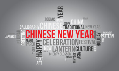 Chinese New Year word cloud background. Cultural awareness Vector illustration design concept.