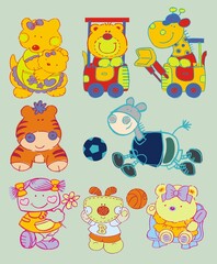 Set of illustrations of pets, animals, background with drawings of animals, giraffe, girl, soccer, football