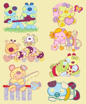 Set of illustrations of pets, animals, background with drawings of animals, playgroud, fish, friends,