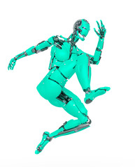 Fototapeta na wymiar cyborg girl is jumping in action on white background