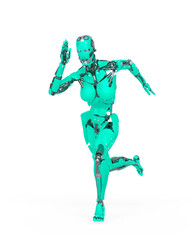 cyborg girl is running fast in action on white background