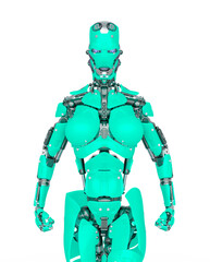 cyborg girl is angry and ready to attack on white background