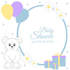 Baby shower boy, invitation card. Place for text. Greeting cards. Vector illustration. Cute teddy bear with gift boxes, balloons, flowers. It can be used as a poster, banner, template.