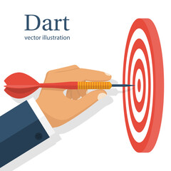 Dart in hand. Vector illustration flat design. Isolated on white background. Throwing dart. Accurate throw. Achieving the goal. Concept of success.