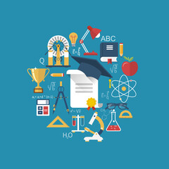 Education and learning concepts. Abstract circle with signs and elements of school subjects. Flat design, vector illustration. Education background.