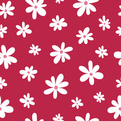 Seamless pattern of white chamomiles on background in color Viva Magenta