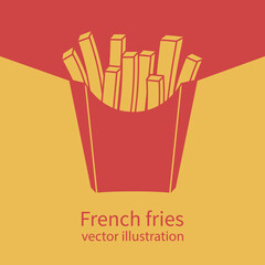 French fries in paper red box, icon.Vector illustration, flat design. Fast food icon. Template banner for advertising, promotion. Space for text.