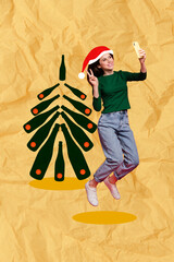 Vertical creative photo collage of positive cheerful funny girl jumping making selfie christmas...