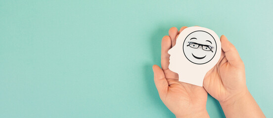 Happy smiling face, mental health concept, positive mindset, support and evaluation symbol
