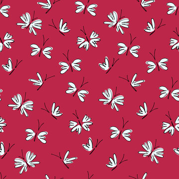 Seamless pattern with Color of the year Viva Magenta, fantasy moths, butterflies in cartoon style. Happy summer illustration. Wallpaper, textile, backgound for kids
