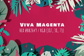 Fototapeten Viva Magenta color of the year 2023. Green exotic leaves on magenta background. Frame with text in the middle. © tilialucida