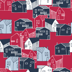 Seamless pattern with townscape in Color of The Year, Viva Magenta. Residential district. Small houses in urban, suburban or countryside landscape for surface design and other design projects
