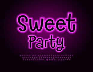 Vector glowing banner Sweet Party. Funny Pink Font. Glowing  Alphabet Letters and Numbers set