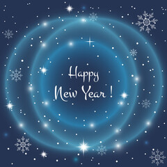 Neon Abstract blue background with crystal snowflakes and snow. Bright stars shine, shine. It can be used as an invitation, poster, banner, greeting the New Year, Christmas. Vector illustration.