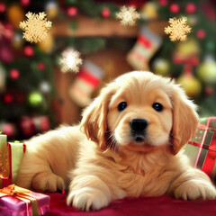 golden retriever puppy with christmas gift