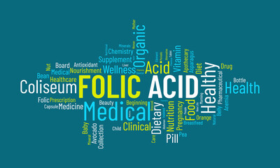 Folic Acid word cloud background. Healthy Food awareness Vector illustration design concept.