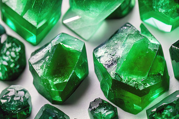 High detailed green emerald, chrysolite, sphere titanite crystals. Art illustration. gemstone shards. rough gems