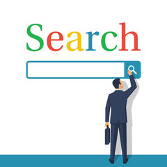 Searching concept. Modern technologies. Vector illustration flat design. Isolated on white background. Search on internet. Mobile app. Businessman uses the application search bar.