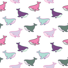 Seamless Pattern with Cartoon Whale Design on White Background