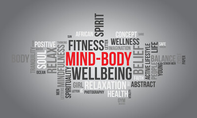 Obraz premium Mind-Body word cloud background. Mental Health awareness Vector illustration design concept.