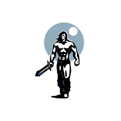 Barbarian. Muscular Warrior with long hair with a sword in his hand.
