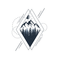 Hand drawn fir trees and mountains textured vector illustrations. Double exposure with pine forest, mountain range and moon in a rhombus. Geometric style.