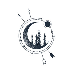 Hand drawn fir trees textured vector illustrations. Double exposure with crescent moon, and arrows and circles around. Geometric style.