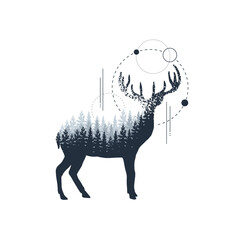 Hand drawn reindeer textured vector illustration. Double exposure with pine forest and circles around. Geometric style.