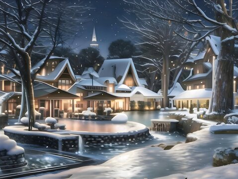 Evening in the city. winter landscape. The house is full of lights. Beautiful pictures of winter landscapes.