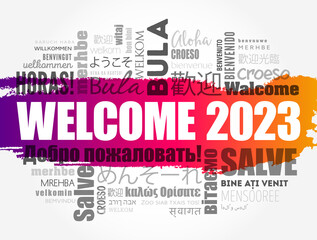 WELCOME 2023 word cloud in different languages, conceptual background