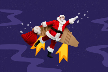 Creative photo collage illustration of positive funny carefree santa claus hold bag wear plane wings deliver gifts night sky on background