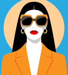 1340_Vector portrait of beautiful woman with long black hair wearing fashionable sunglasses and elegant jacket - 550911236