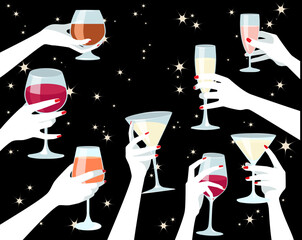 1339_Women hands holding various glasses with wine, champagne and cocktail