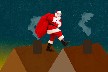 Creative photo collage illustration of positive funny good mood impressed excited santa claus...