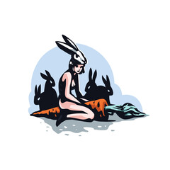 Woman With Carrot. A woman in a rabbit mask sits on a carrot next to rabbits